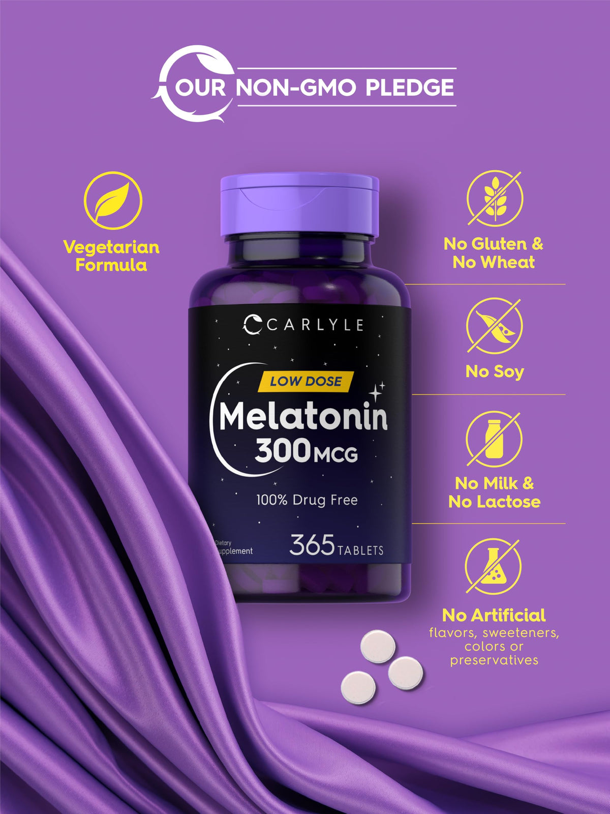 Carlyle Melatonin 300 ميكروجرام - 365 قرصًا | جرعة منخفضة، نباتي، خالٍ من الجلوتين