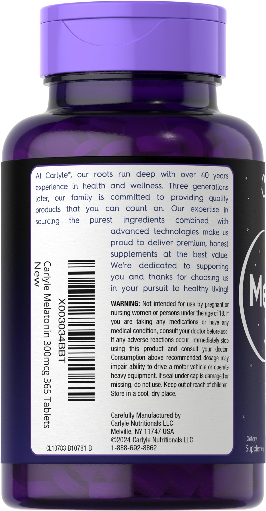 Carlyle Melatonin 300 ميكروجرام - 365 قرصًا | جرعة منخفضة، نباتي، خالٍ من الجلوتين
