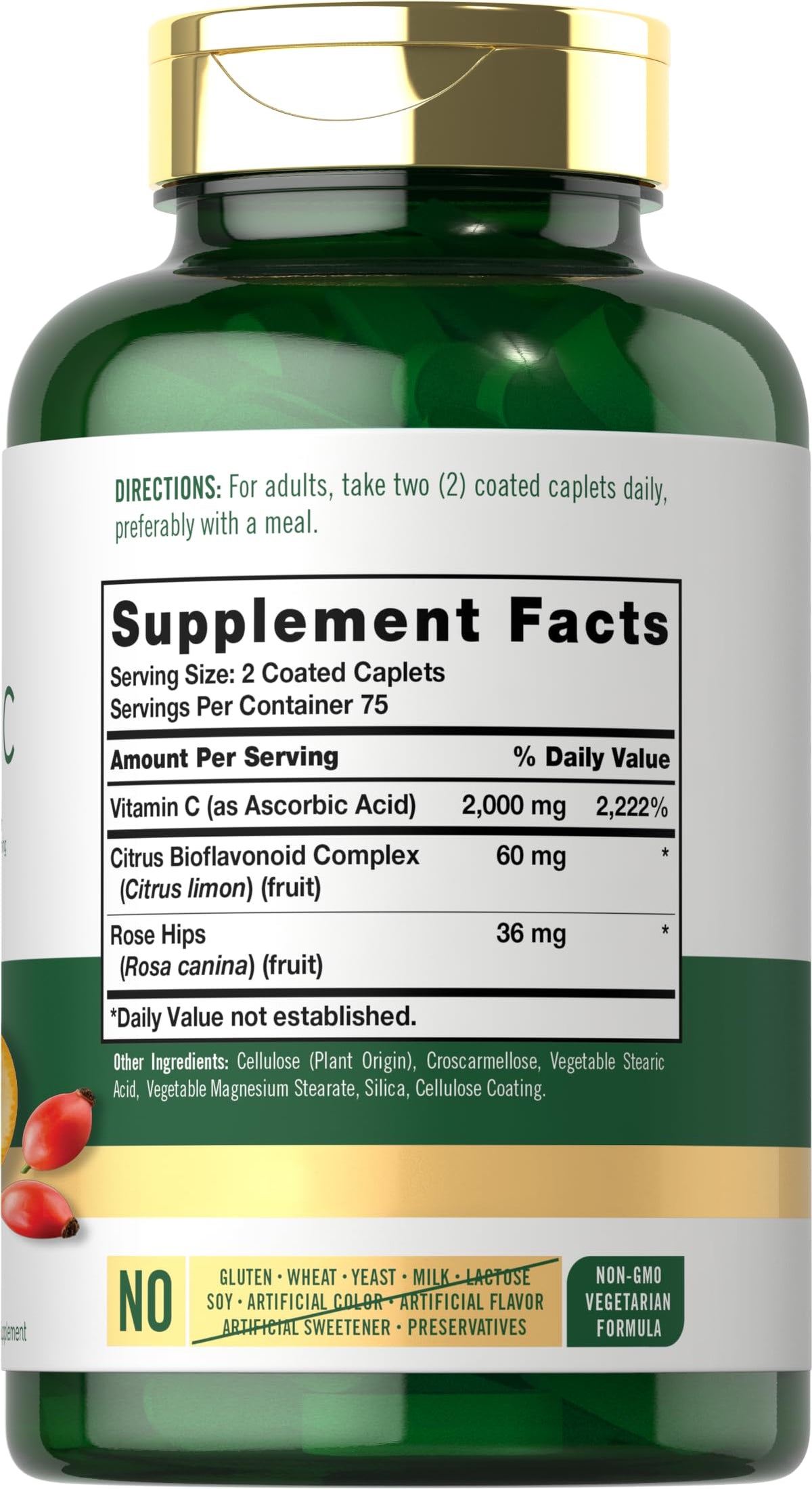 Carlyle Vitamin C 2000mg with Rose Hips – 150 Caplets | Vegetarian, Non-GMO, Gluten Free