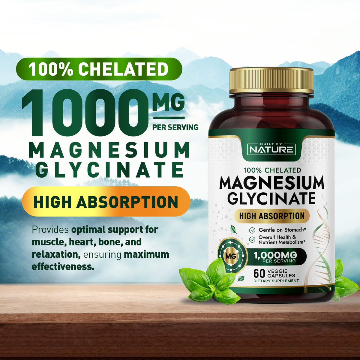 Built By Nature Magnesium Glycinate 1000mg - عالي الامتصاص، مخلّب 100%، لطيف على المعدة | 60 كبسولة