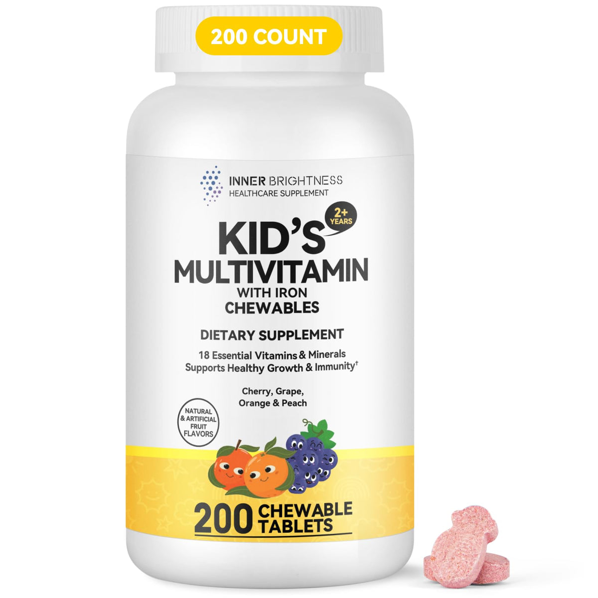 Children's Chewable Multivitamin – 18 Essential Vitamins & Minerals for Kids | 200 Chewables | Vegetarian, Gluten Free, Non-GMO