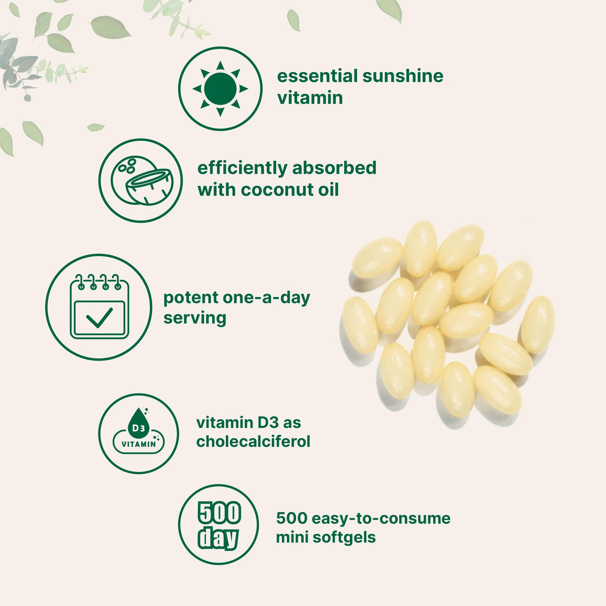 Vitamin D3 2000 IU β 500 Softgels | Virgin Coconut Oil | Cholecalciferol | Non-GMO