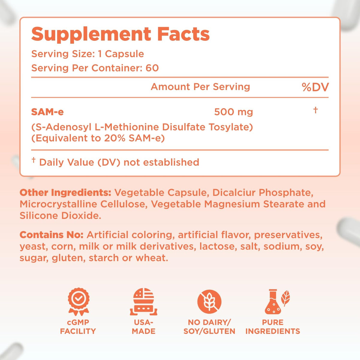 Clear Formulas Bioactive SAM-e 500mg – دعم المزاج والكبد (نباتي، غير معدل وراثيًا، صنع في الولايات المتحدة الأمريكية)