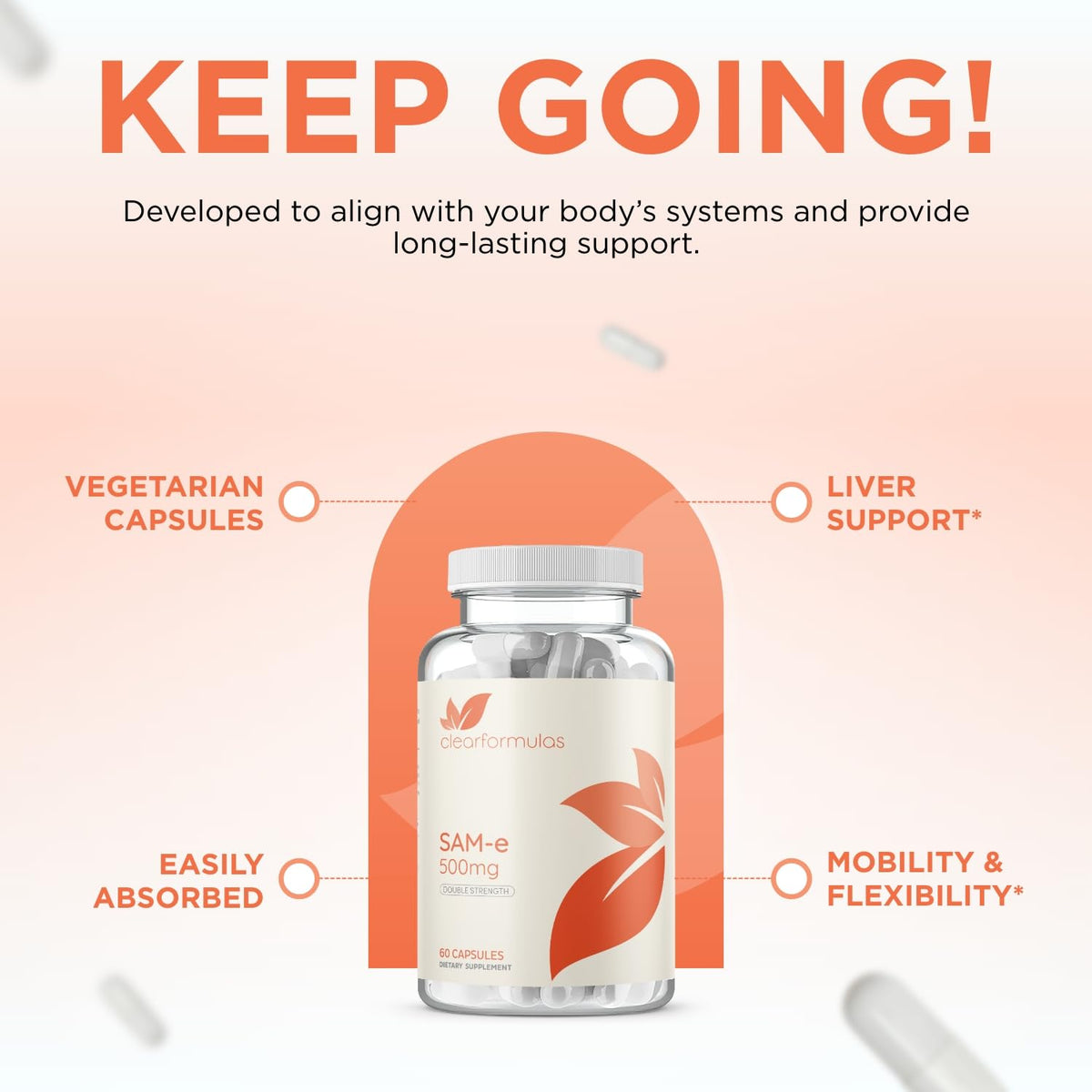 Clear Formulas Bioactive SAM-e 500mg – دعم المزاج والكبد (نباتي، غير معدل وراثيًا، صنع في الولايات المتحدة الأمريكية)