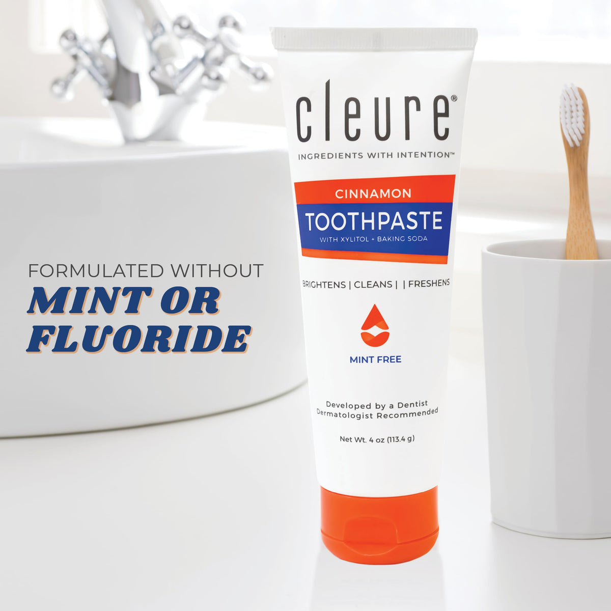 Cleure Natural Cinnamon Toothpaste - Flavor-Free, Fluoride-Free - Helps Whiten Teeth - Natural Great Taste for Children & Adults - Cinnamon Flavor (4oz Tube, Pack of 1)