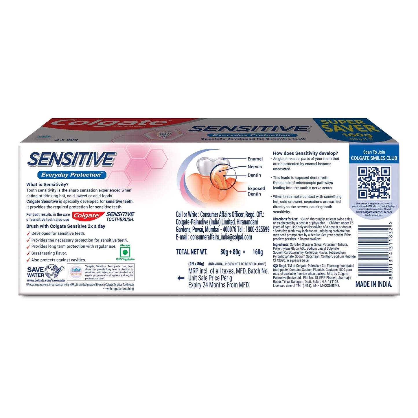Colgate Sensitive Everyday Protection Toothpaste - 160g (2x80g) for Sensitive Teeth & Healthy Gums