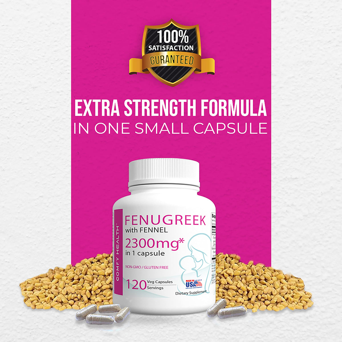 كبسولات الحلبة من Comfy Health مع الشمر لإدرار الحليب - 2300 ملجم لكل كبسولة، 120 كبسولة، خالية من الغلوتين، غير معدلة وراثيًا
