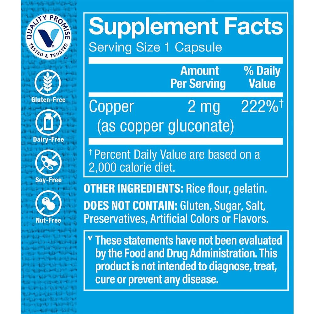 Copper 2mg by The Vitamin Shoppe β Iron Metabolism, Antioxidant Support & Immune Function (100 Capsules)