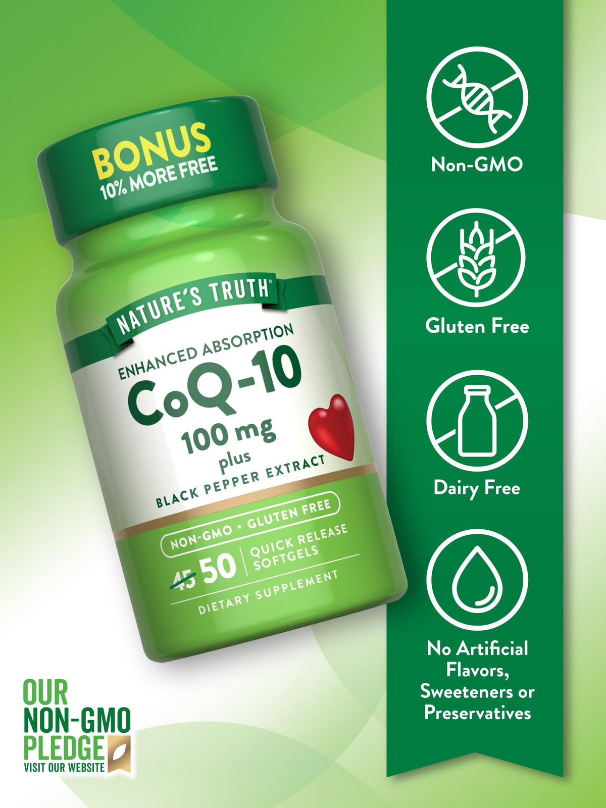 Nature's Truth CoQ10 100mg كبسولات هلامية مع الفلفل الأسود – غير معدل وراثيًا وخالٍ من الغلوتين