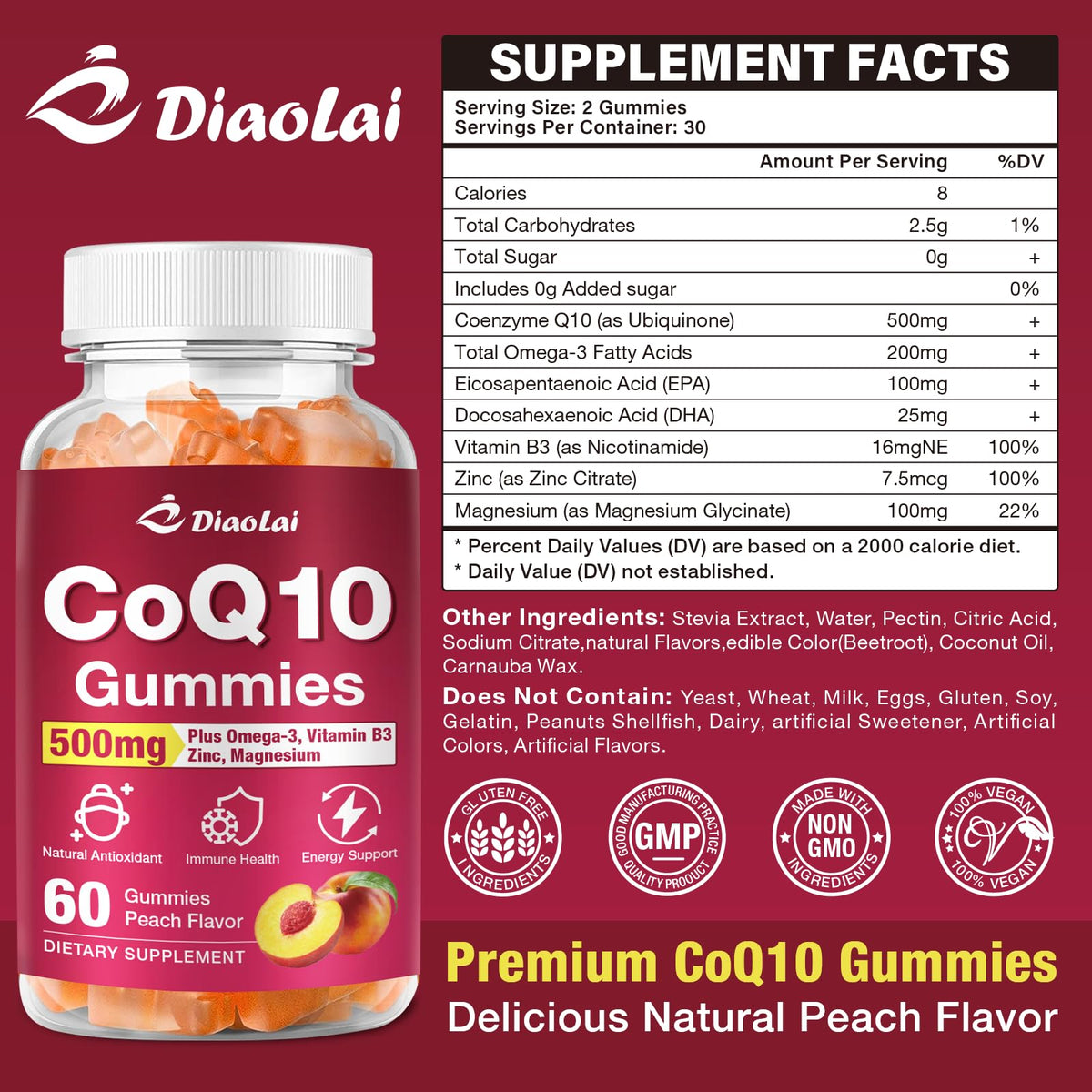 حلوى CoQ10 500 ملغ + أوميغا 3 EPA/DHA | دعم المناعة والطاقة - نكهة البرتقال | غير معدل وراثيًا، خالي من الغلوتين | 60 قطعة