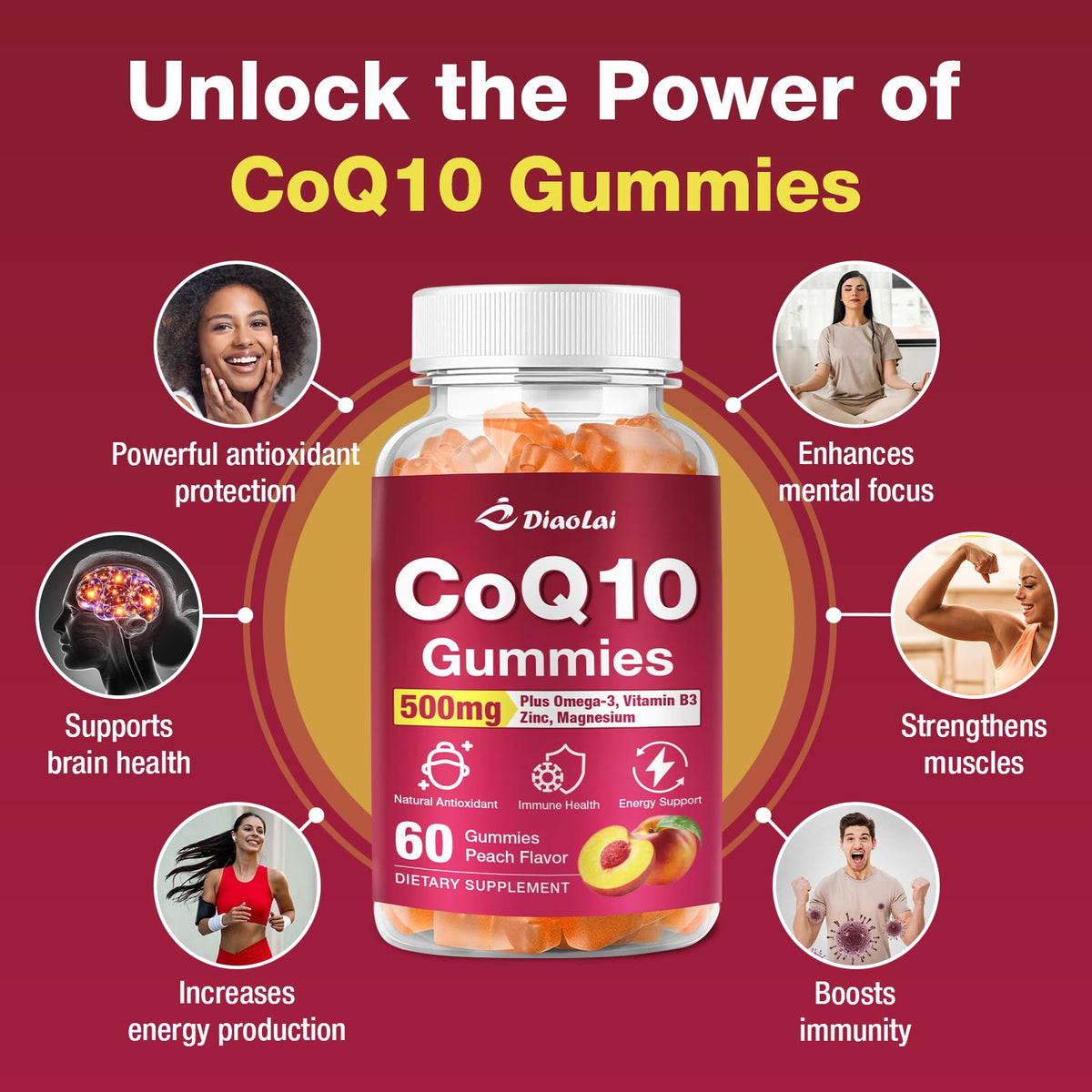 حلوى CoQ10 500 ملغ + أوميغا 3 EPA/DHA | دعم المناعة والطاقة - نكهة البرتقال | غير معدل وراثيًا، خالي من الغلوتين | 60 قطعة