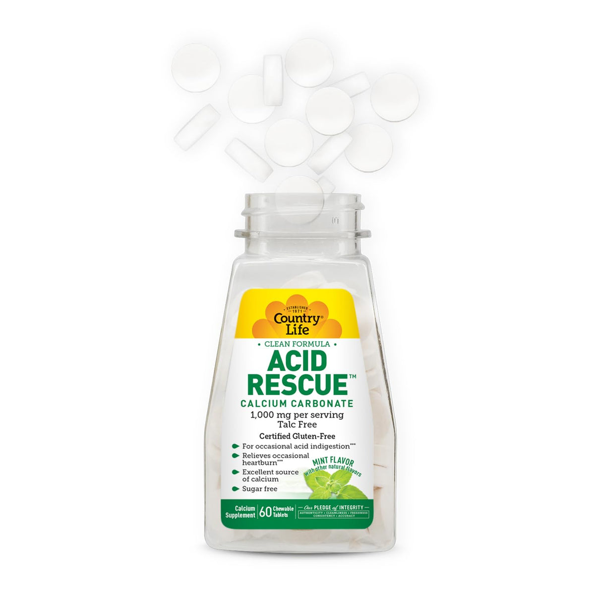 Country Life Acid Rescue Chewable Tablets β Certified Vegan & Gluten-Free Heartburn Relief, 400mg Calcium & Magnesium