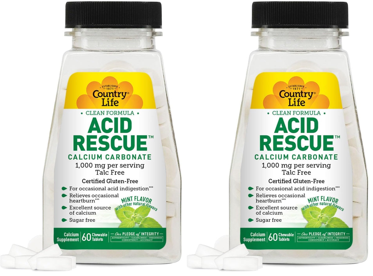 Country Life Acid Rescue Chewable Tablets β Certified Vegan & Gluten-Free Heartburn Relief, 400mg Calcium & Magnesium