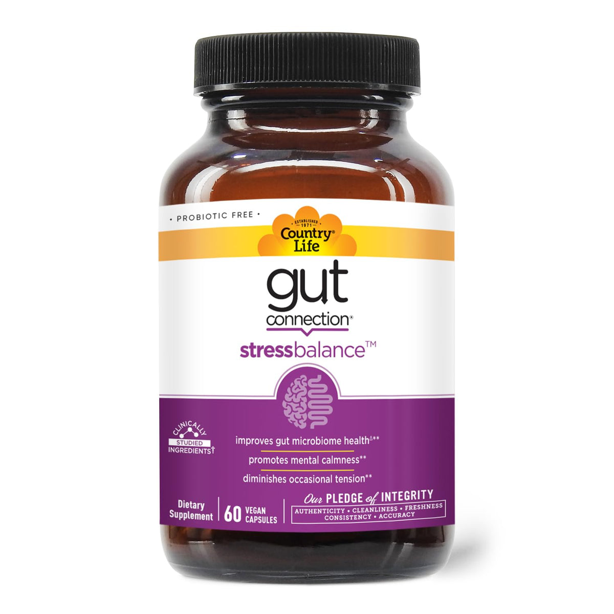 Country Life Gut Connection Stress Balance 60 كبسولة نباتية | خالي من الجلوتين ونباتي