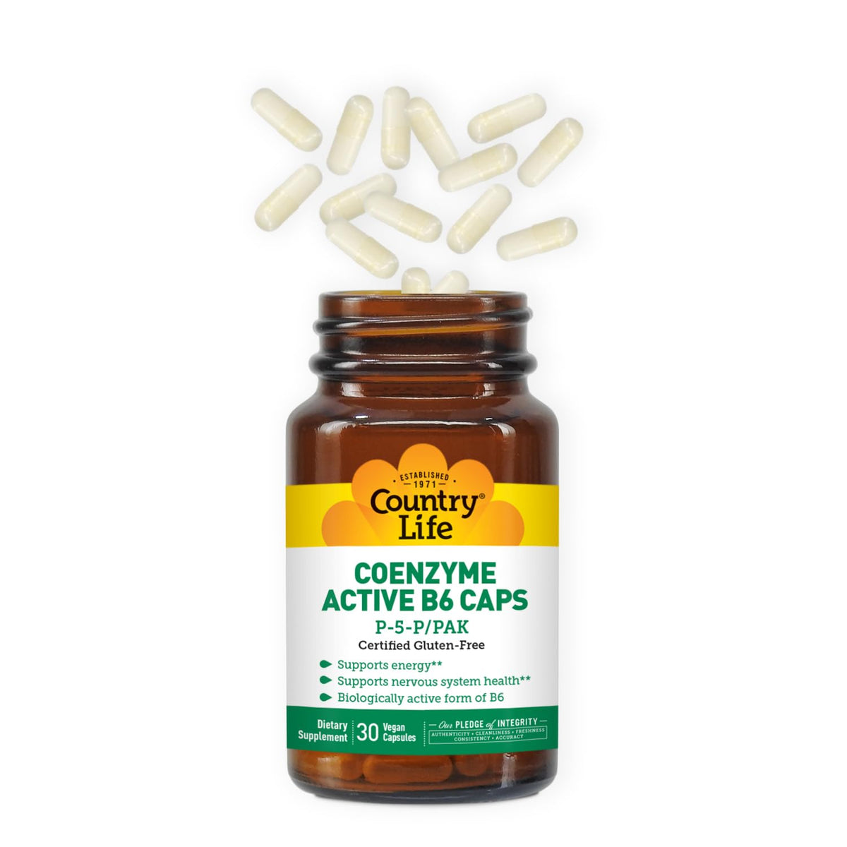 Country Life Coenzyme Active B-6، 50 ملجم فيتامين ب6 - 30 كبسولة نباتية - يدعم الطاقة والجهاز العصبي والمناعة - 25 ملجم P-5-P فيتامين ب6 - خالٍ من الغلوتين ومعتمد، نباتي - خالٍ من الإضافات الاصطناعية