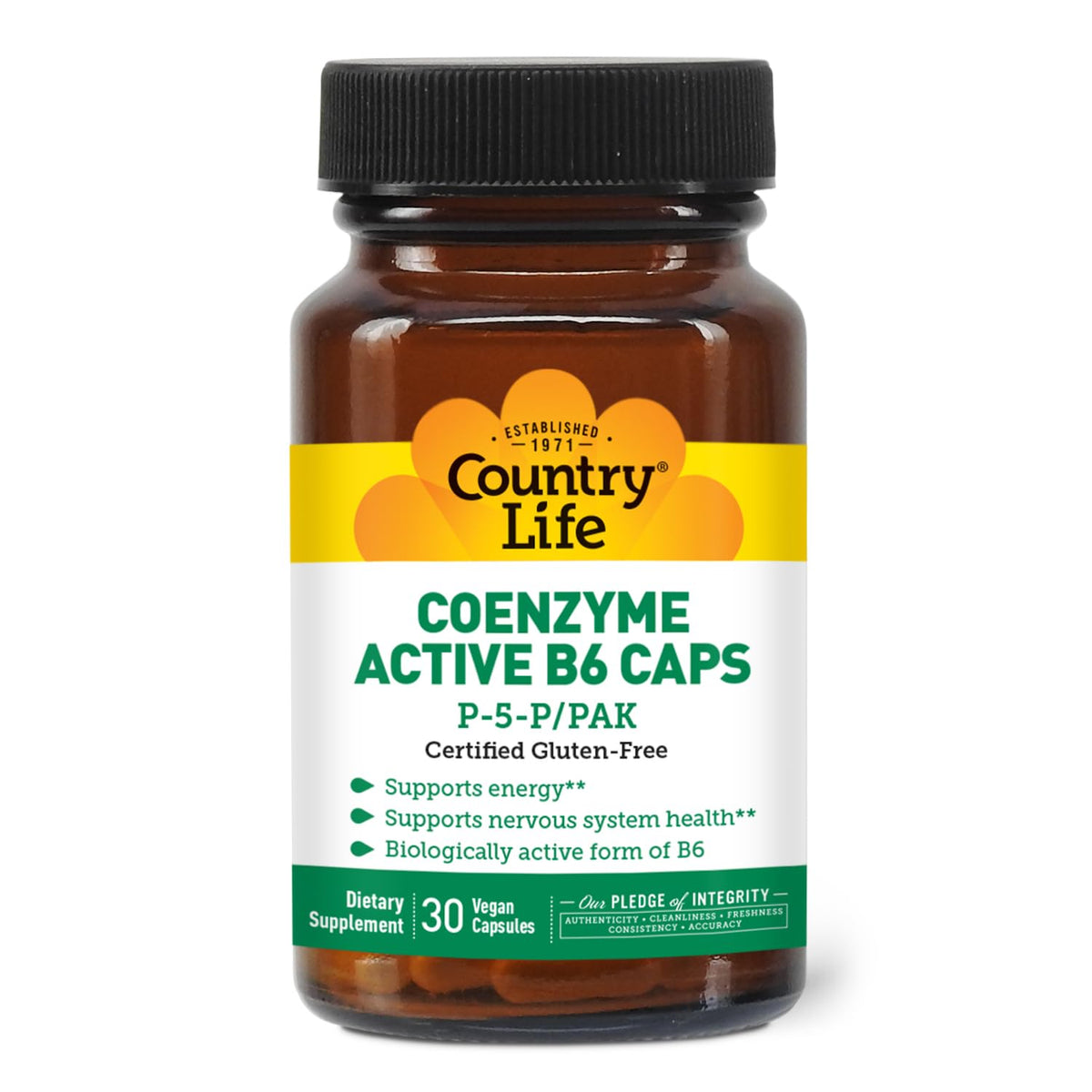 Country Life Coenzyme Active B-6، 50 ملجم فيتامين ب6 - 30 كبسولة نباتية - يدعم الطاقة والجهاز العصبي والمناعة - 25 ملجم P-5-P فيتامين ب6 - خالٍ من الغلوتين ومعتمد، نباتي - خالٍ من الإضافات الاصطناعية