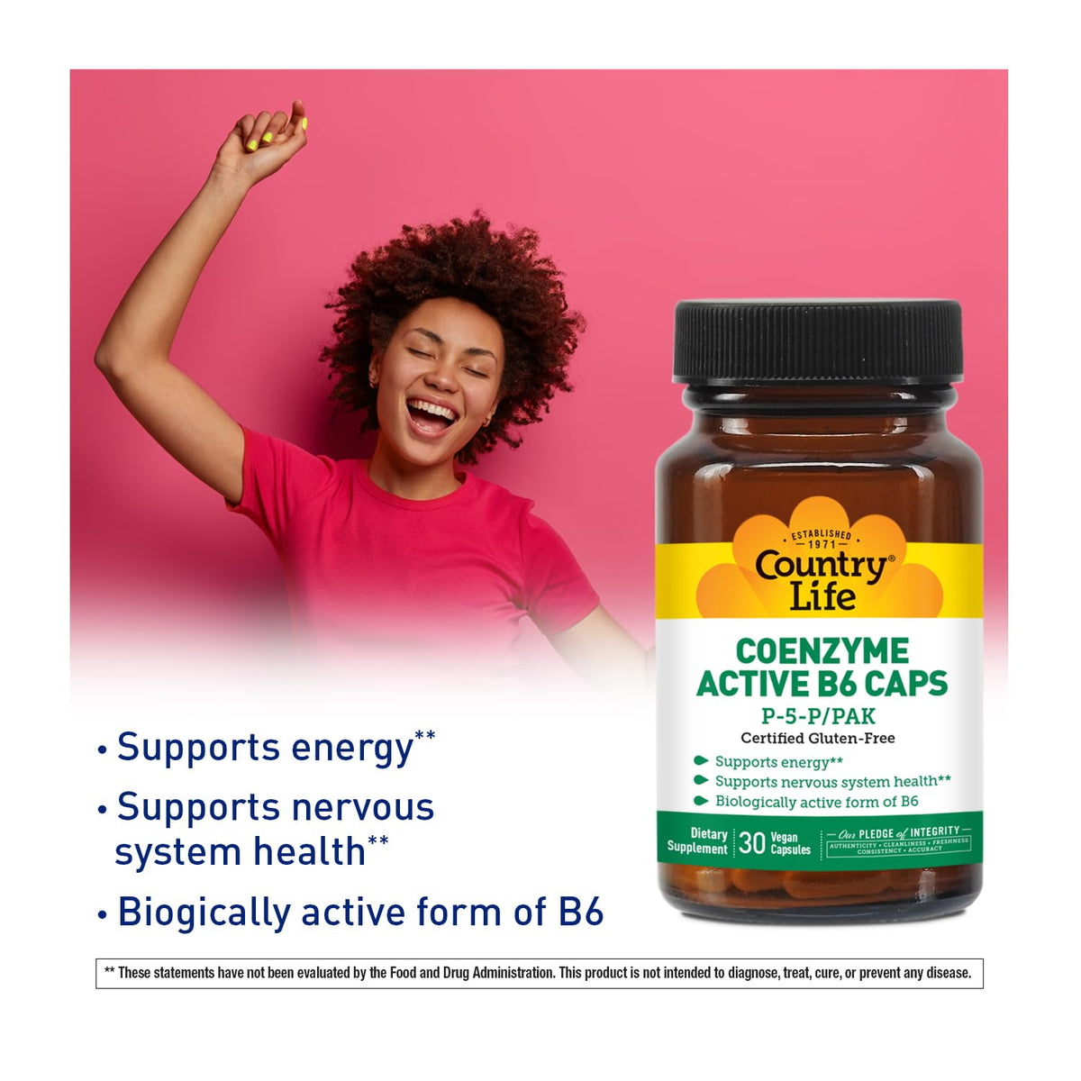 Country Life Coenzyme Active B-6، 50 ملجم فيتامين ب6 - 30 كبسولة نباتية - يدعم الطاقة والجهاز العصبي والمناعة - 25 ملجم P-5-P فيتامين ب6 - خالٍ من الغلوتين ومعتمد، نباتي - خالٍ من الإضافات الاصطناعية