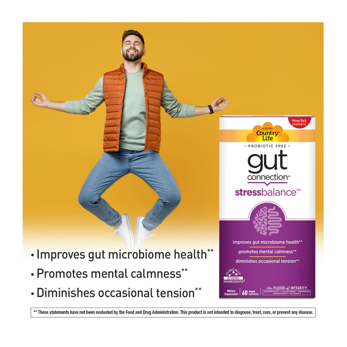 Country Life Gut Connection Stress Balance 60 كبسولة نباتية | خالي من الجلوتين ونباتي