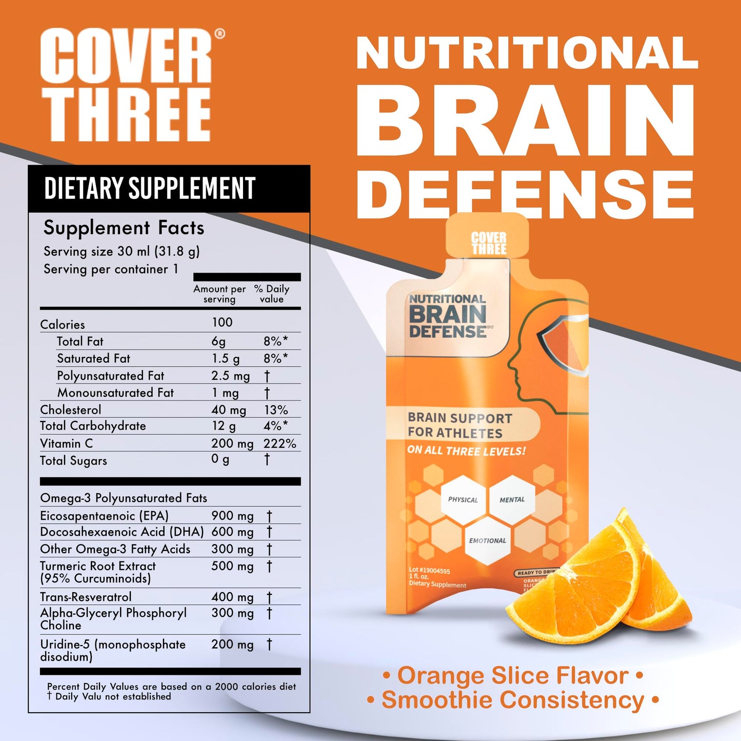 Cover Three Nootropic Brain Supplement – Focus & Clarity for Athletes | Orange Flavor 30 Count