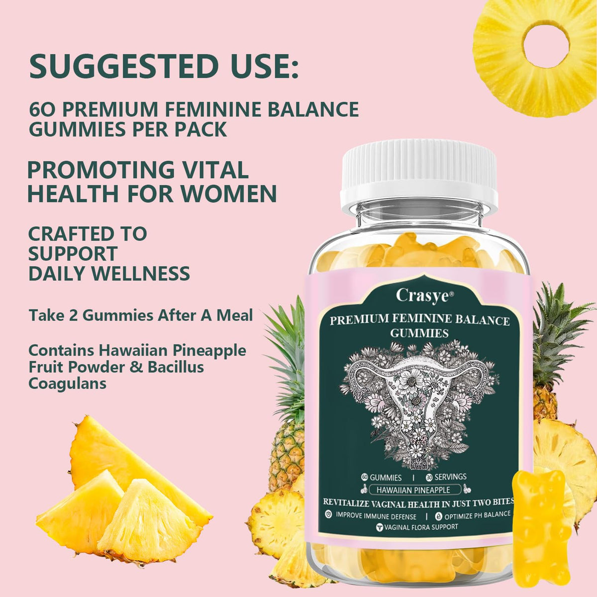 Crasye Premium Feminine Balance Gummies β PH Balance & Vaginal Health (60 Gummies, 30 Servings)