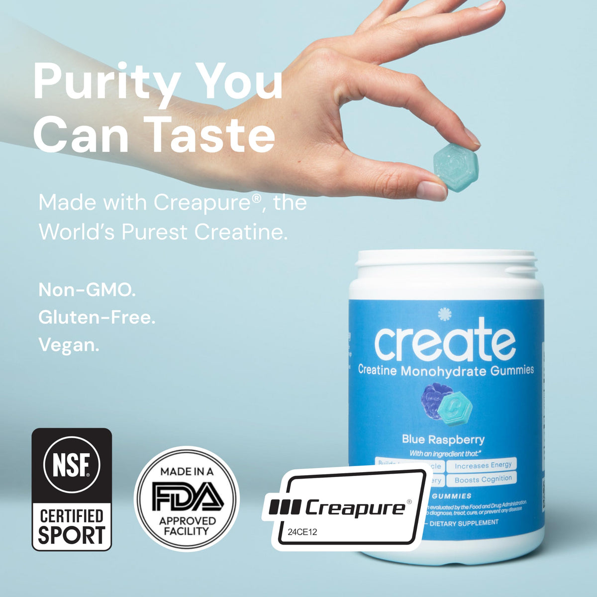 Create Creatine Monohydrate Gummies β 1.5g per Gummy, Vegan, Anti-Melting