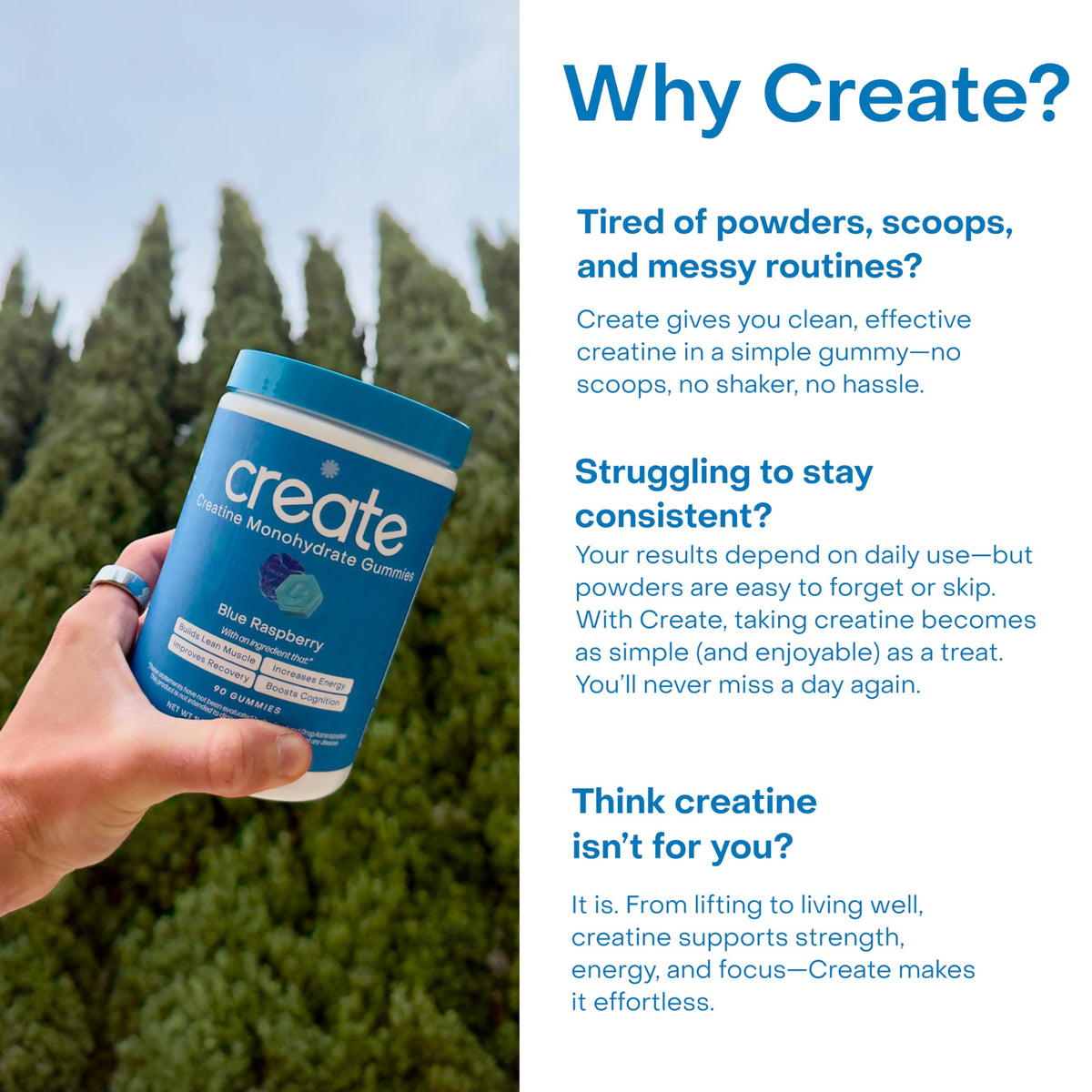 Create Creatine Monohydrate Gummies β 1.5g per Gummy, Vegan, Anti-Melting