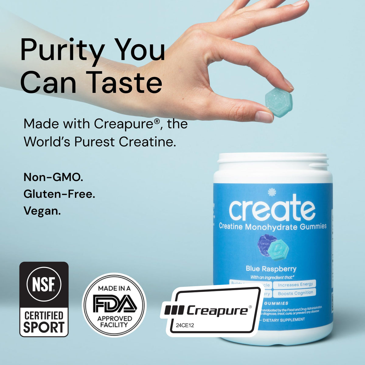 Create Creatine Monohydrate Gummies β 1.5g per Gummy, Vegan, Anti-Melting