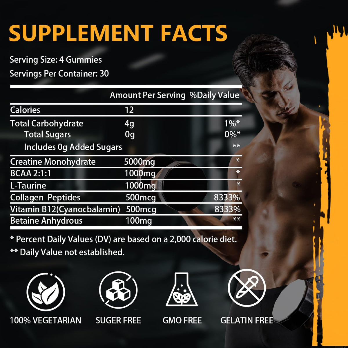 Creatine Monohydrate Gummies β Complex 8000 mg Pre-Workout | 120 Count | Vegan, Sugar-Free