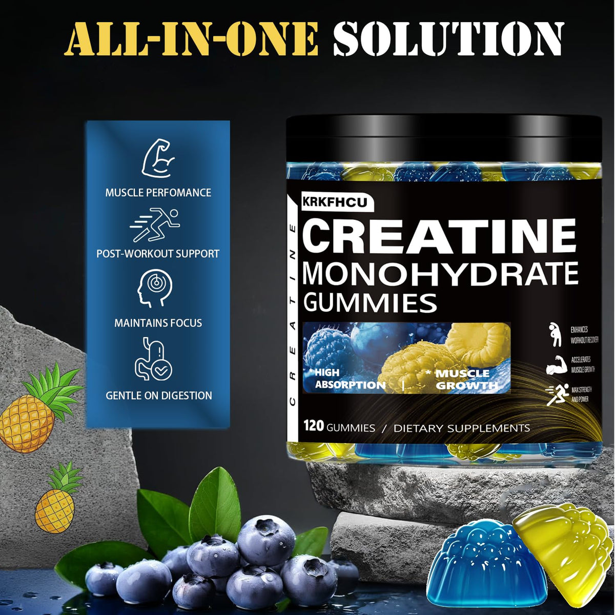 Creatine Monohydrate Gummies β Complex 8000 mg Pre-Workout | 120 Count | Vegan, Sugar-Free