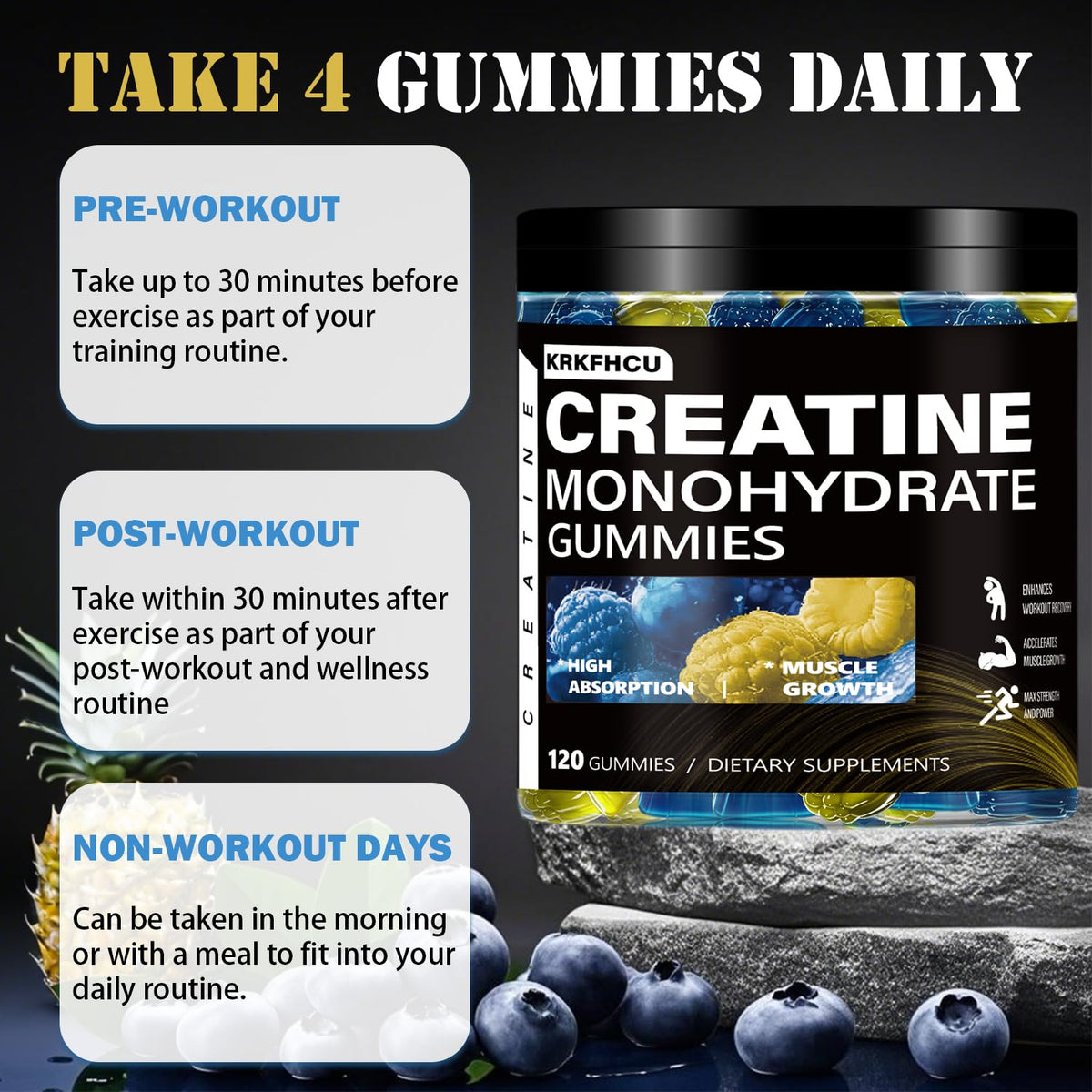 Creatine Monohydrate Gummies β Complex 8000 mg Pre-Workout | 120 Count | Vegan, Sugar-Free