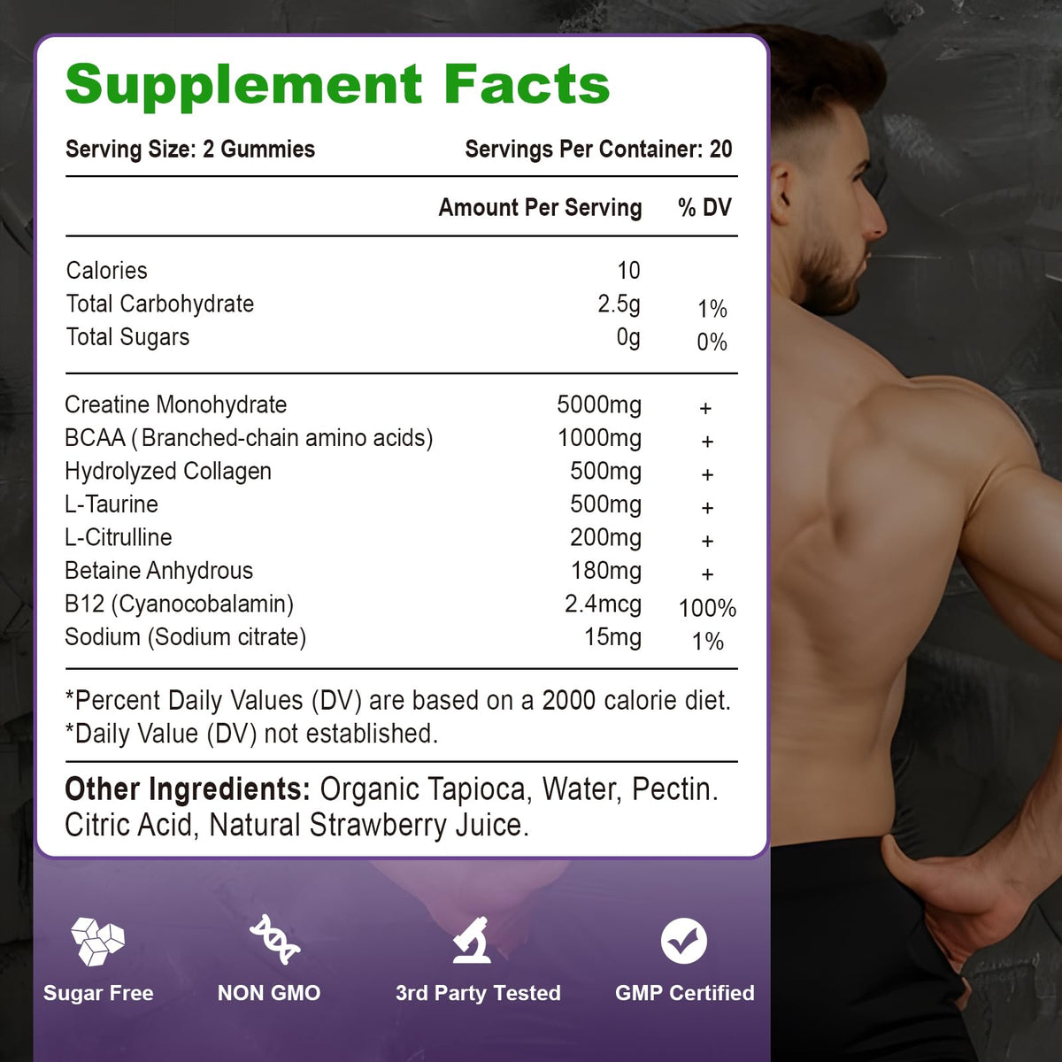 Creatine Monohydrate Gummies β Sugar Free Vegan, Strawberry, 60 Count