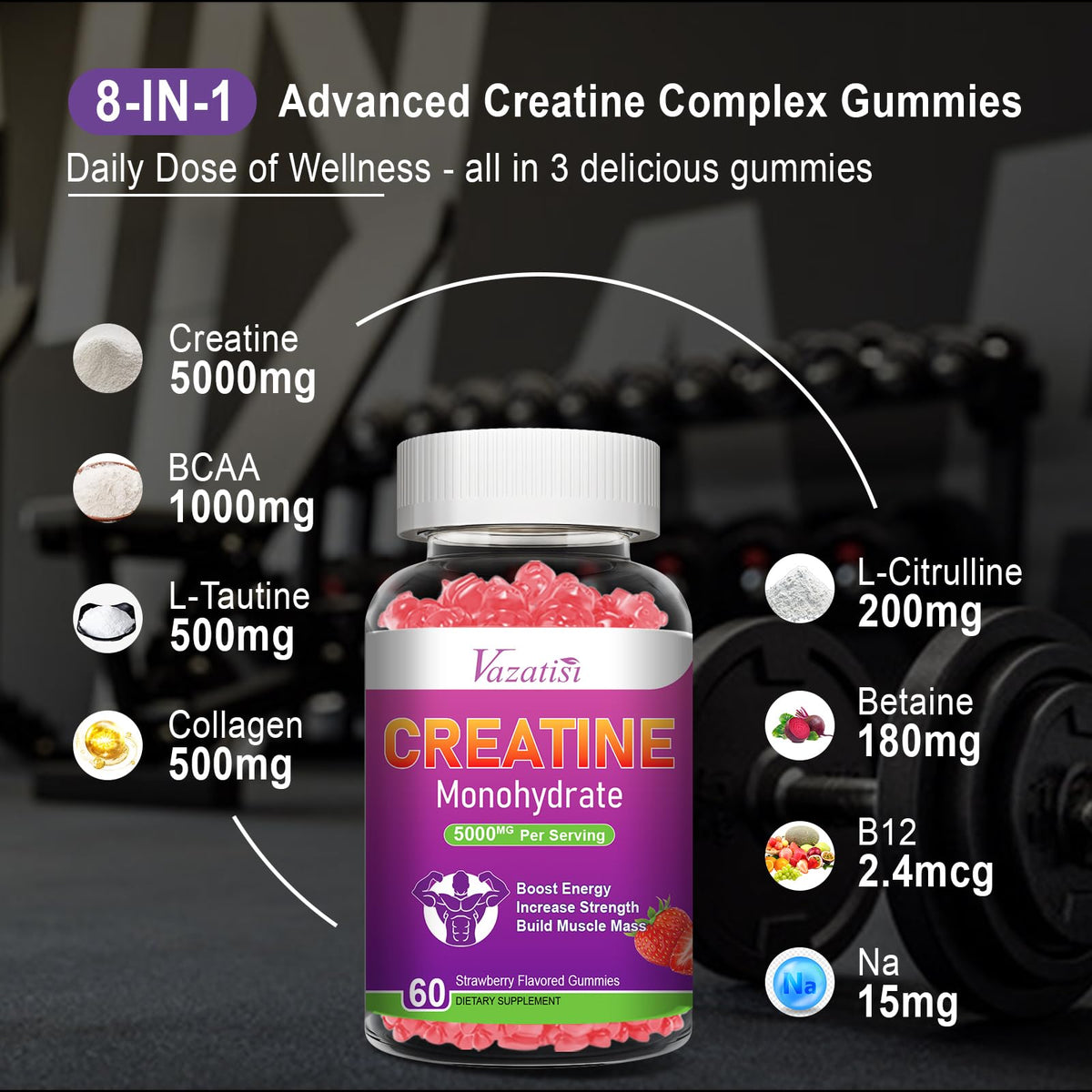 Creatine Monohydrate Gummies β Sugar Free Vegan, Strawberry, 60 Count