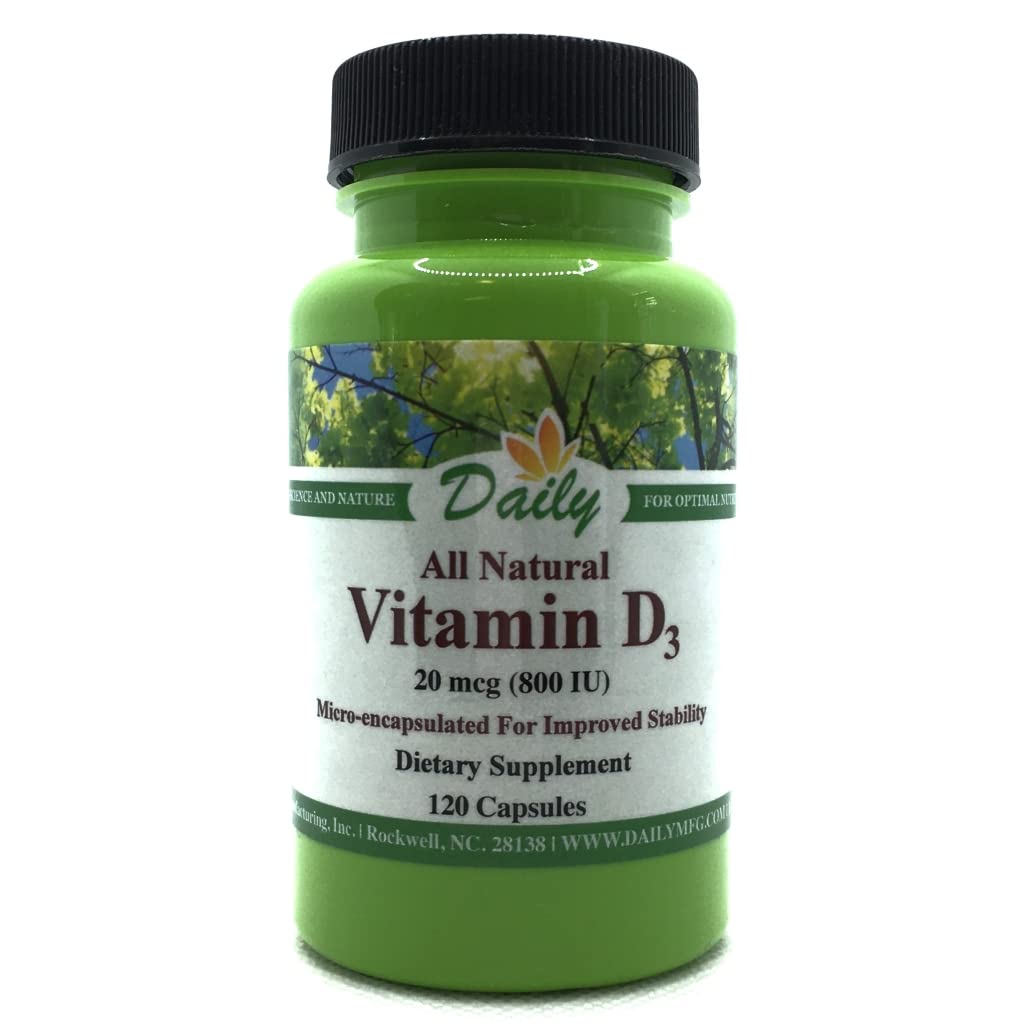 Daily Manufacturing Vitamin D3 800 IU (20 mcg) β Non-GMO, Gluten Free, Kosher β 120 Veg Capsules