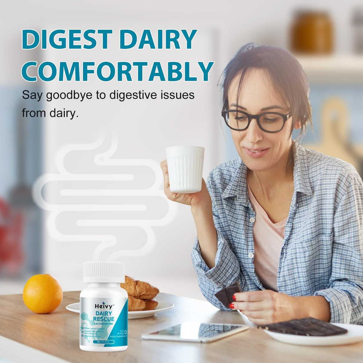 Heivy Lactase Enzyme 3000 FCC Dairy Relief – حبوب لاكتوز سريعة المفعول، 90 كبسولة، صنع في الولايات المتحدة الأمريكية (عبوتان)
