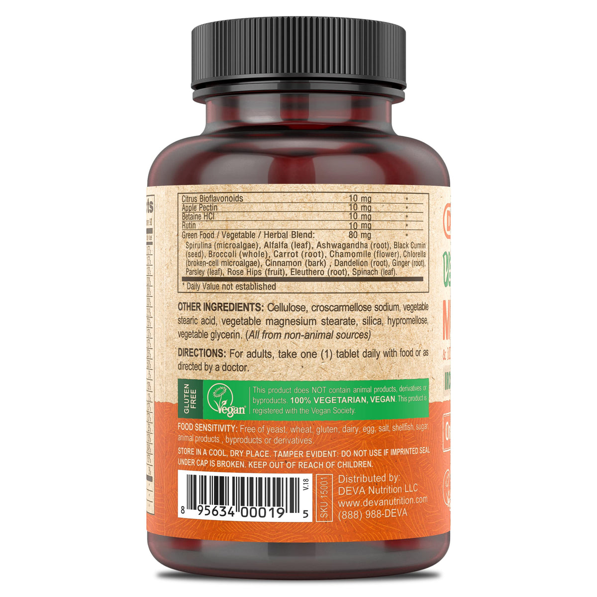 DEVA Vegan Iron-Free Multivitamin & Mineral β Green Foods Blend (90 Coated Tablets)