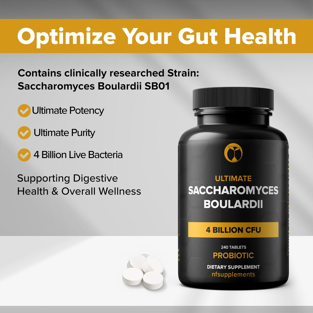Saccharomyces Boulardii Probiotic Supplement β 4 Billion CFU, 240 Tablets β Digestive & Gut Health, Vegan, Gluten Free, Non-GMO