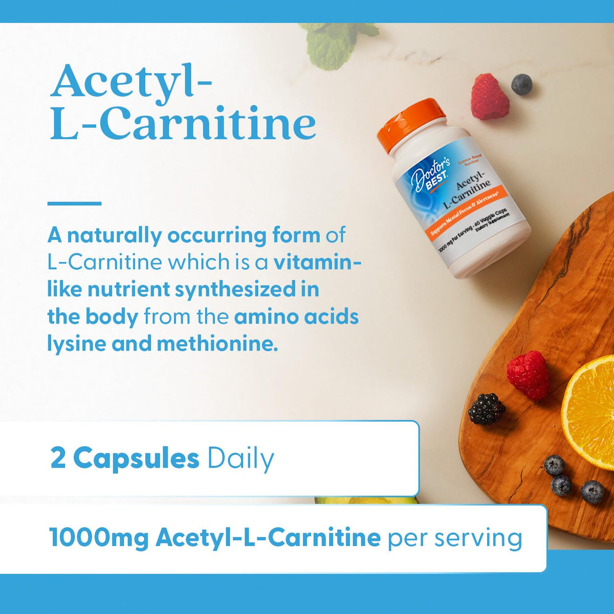Doctor's Best أسيتيل إل-كارنيتين (ALC) – يدعم التركيز الذهني، غير معدّل وراثيًا، نباتي، 60 كبسولة نباتية