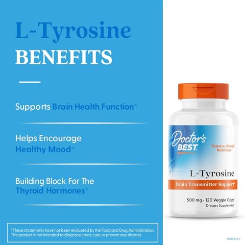 Doctors Best L-Tyrosine 500 mg – دعم النواقل العصبية بالدماغ | غير معدّل وراثيًا وخالٍ من الجلوتين | 120 كبسولة نباتية