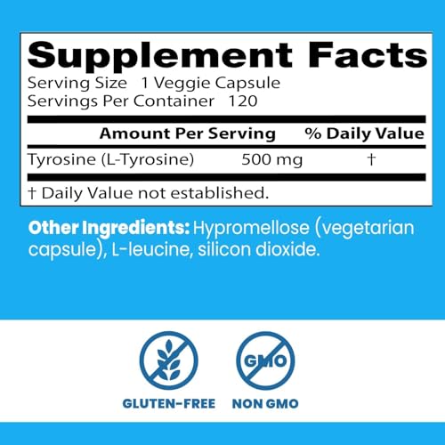Doctors Best L-Tyrosine 500 mg – دعم النواقل العصبية بالدماغ | غير معدّل وراثيًا وخالٍ من الجلوتين | 120 كبسولة نباتية