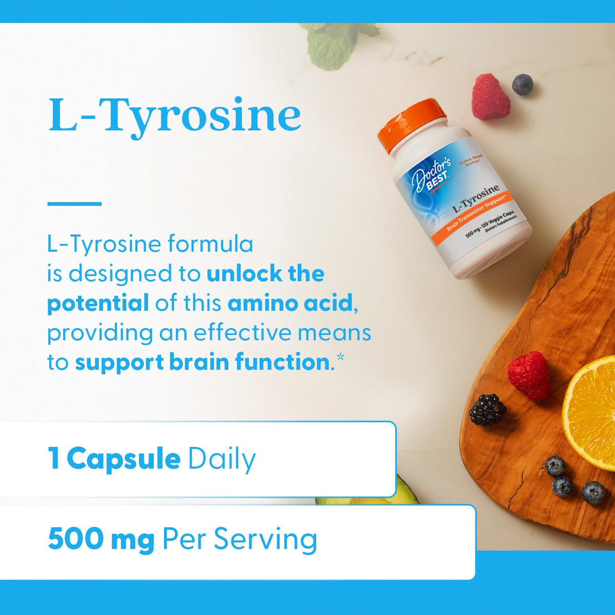 Doctors Best L-Tyrosine 500 mg – دعم النواقل العصبية بالدماغ | غير معدّل وراثيًا وخالٍ من الجلوتين | 120 كبسولة نباتية