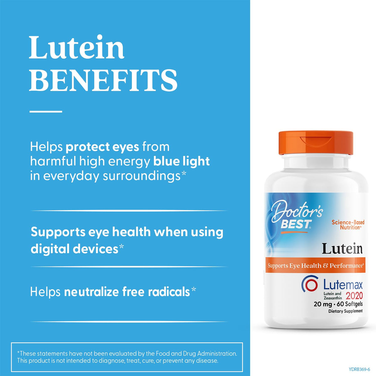 Doctors Best Lutein with Lutemax 20 mg - يدعم صحة العين وأدائها، غير معدل وراثيًا، خالٍ من الغلوتين | 60 كبسولة هلامية
