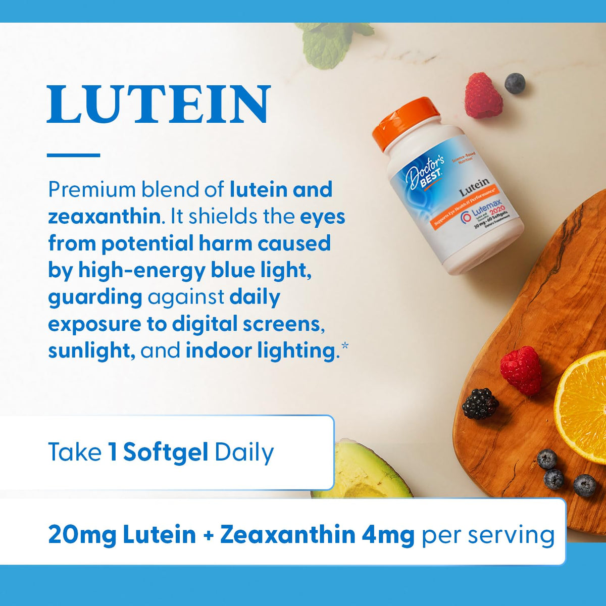 Doctors Best Lutein with Lutemax 20 mg - يدعم صحة العين وأدائها، غير معدل وراثيًا، خالٍ من الغلوتين | 60 كبسولة هلامية