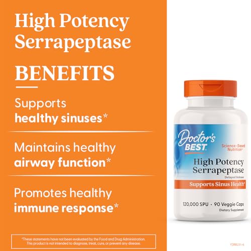 Doctor’s Best High Potency Serrapeptase 120,000 SPU – يدعم صحة الجيوب الأنفية | نباتي، غير معدل وراثيًا