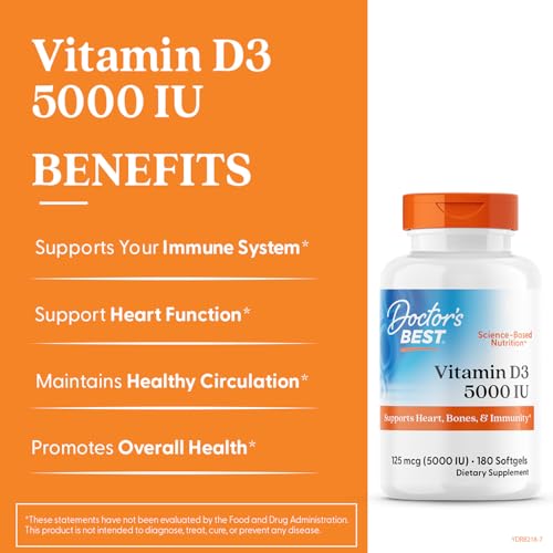 Doctor's Best فيتامين د3 5000 وحدة دولية – غير معدل وراثياً، خالٍ من الغلوتين والصويا | يدعم صحة العظام والجهاز المناعي