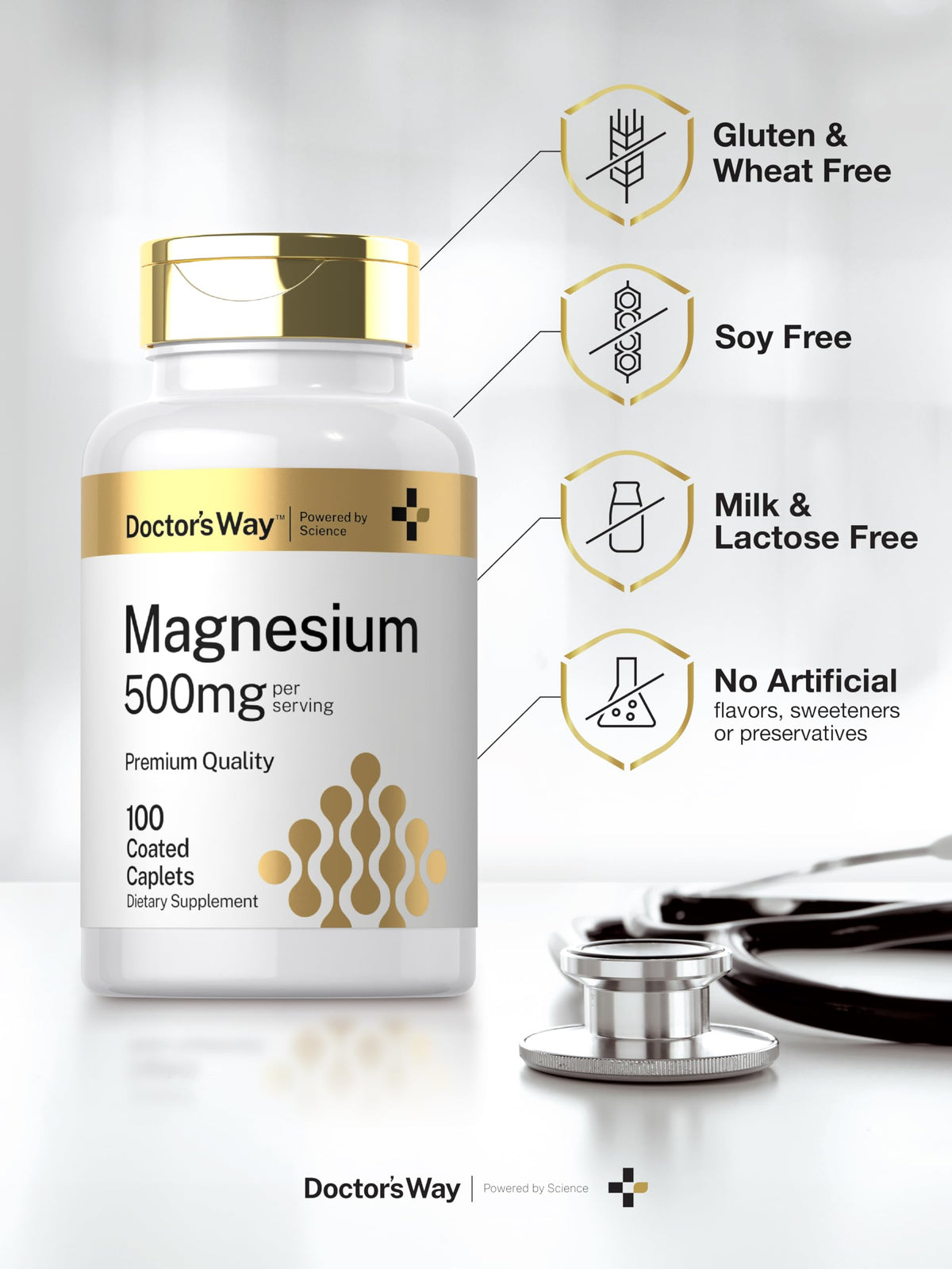Doctor's Way Magnesium 500mg - 100 Coated Caplets | Magnesium Oxide | Vegetarian, Non-GMO, Gluten Free