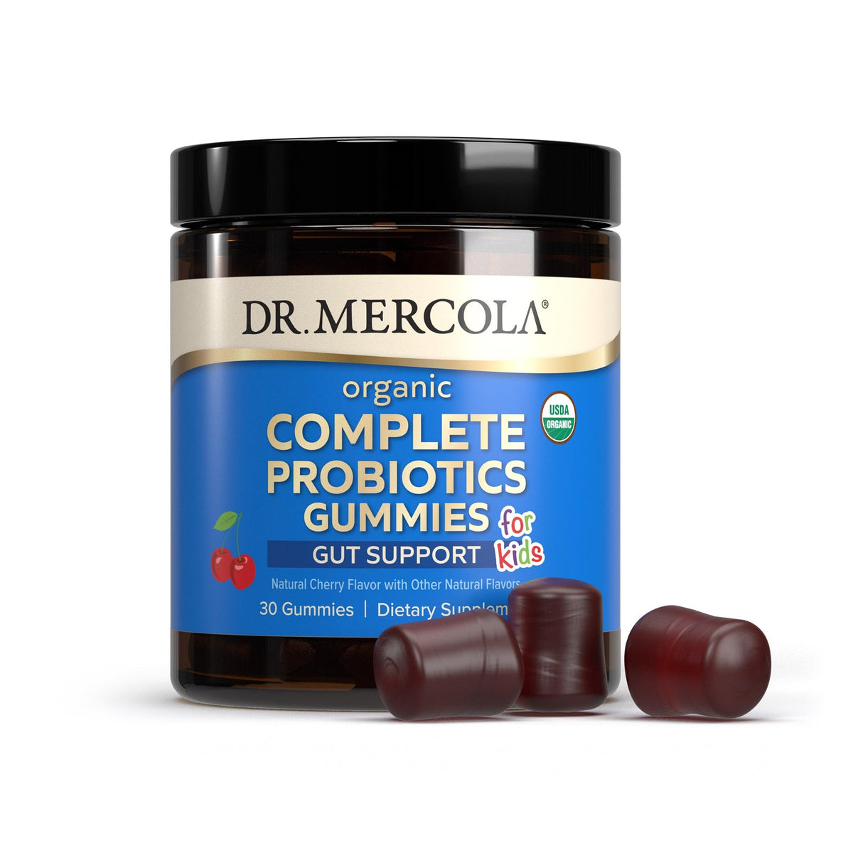 Dr. Mercola علكة بروبيوتيك عضوية للأطفال - 30 حصة، 1 مليار وحدة تشكيل مستعمرة، بنكهة الكرز الطبيعي