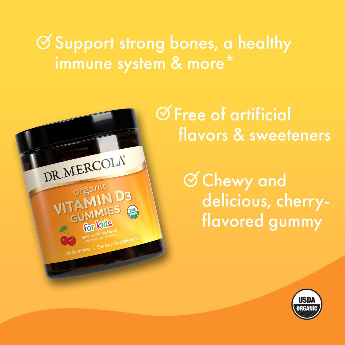 Dr. Mercola Organic Vitamin D3 Gummies for Kids β 1,000 IU, 30 Servings | USDA Organic