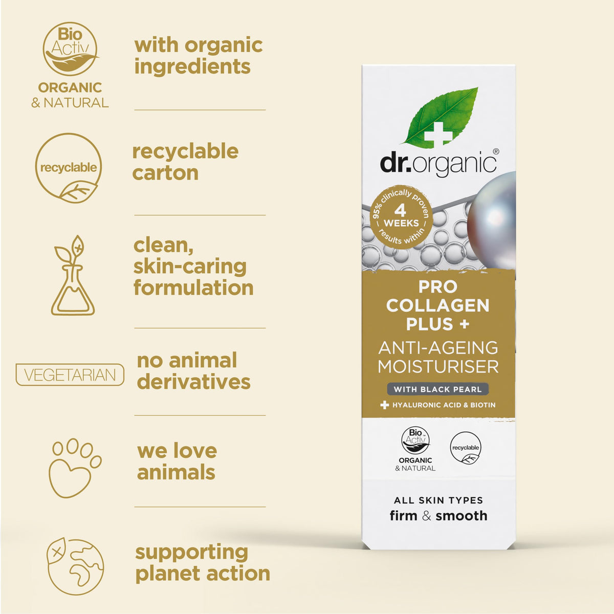 Dr. Organic Pro Collagen Plus Anti-Ageing Moisturiser with Black Pearl β Firm & Smooth Skin, All Skin Types, 50 mL