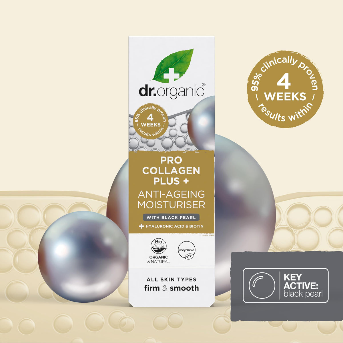 Dr. Organic Pro Collagen Plus Anti-Ageing Moisturiser with Black Pearl β Firm & Smooth Skin, All Skin Types, 50 mL
