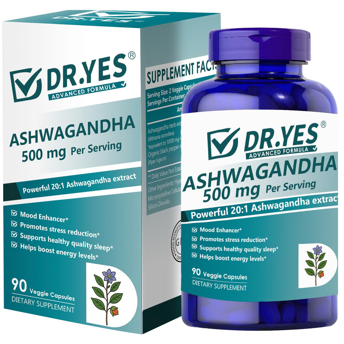 كبسولات أشواغاندا DR.YES 500 ملجم مع فلفل أسود عضوي - لتخفيف التوتر والنوم والتركيز والمزاج | غير معدلة وراثيًا ونباتية، 90 كبسولة